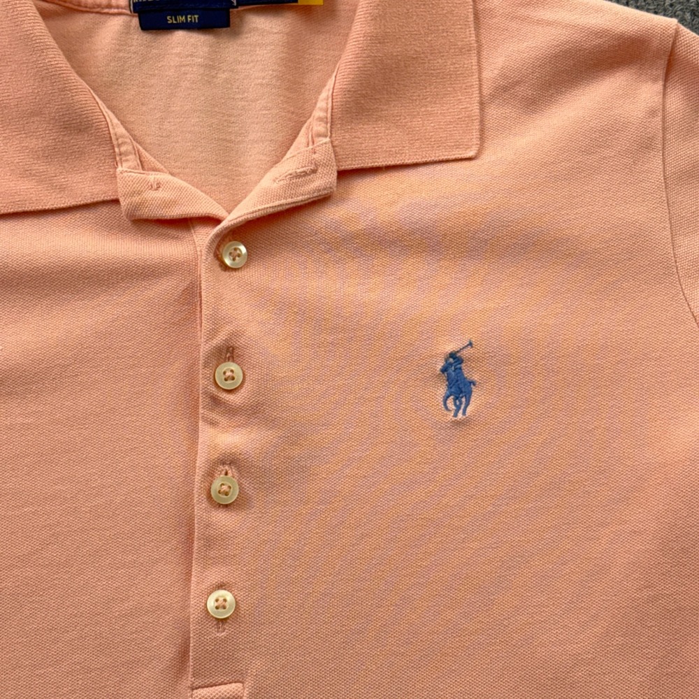 Polo Ralph Lauren Polo Shirt Womens M Peach Slim Fit Cotton Stretch Blue Pony - Picture 4 of 9